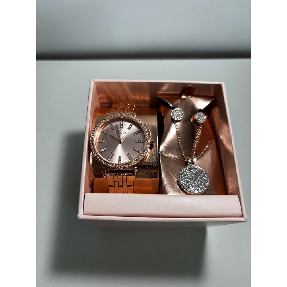 Folio Rose Gold quartz women's watch set with necklace/earrings, NIB